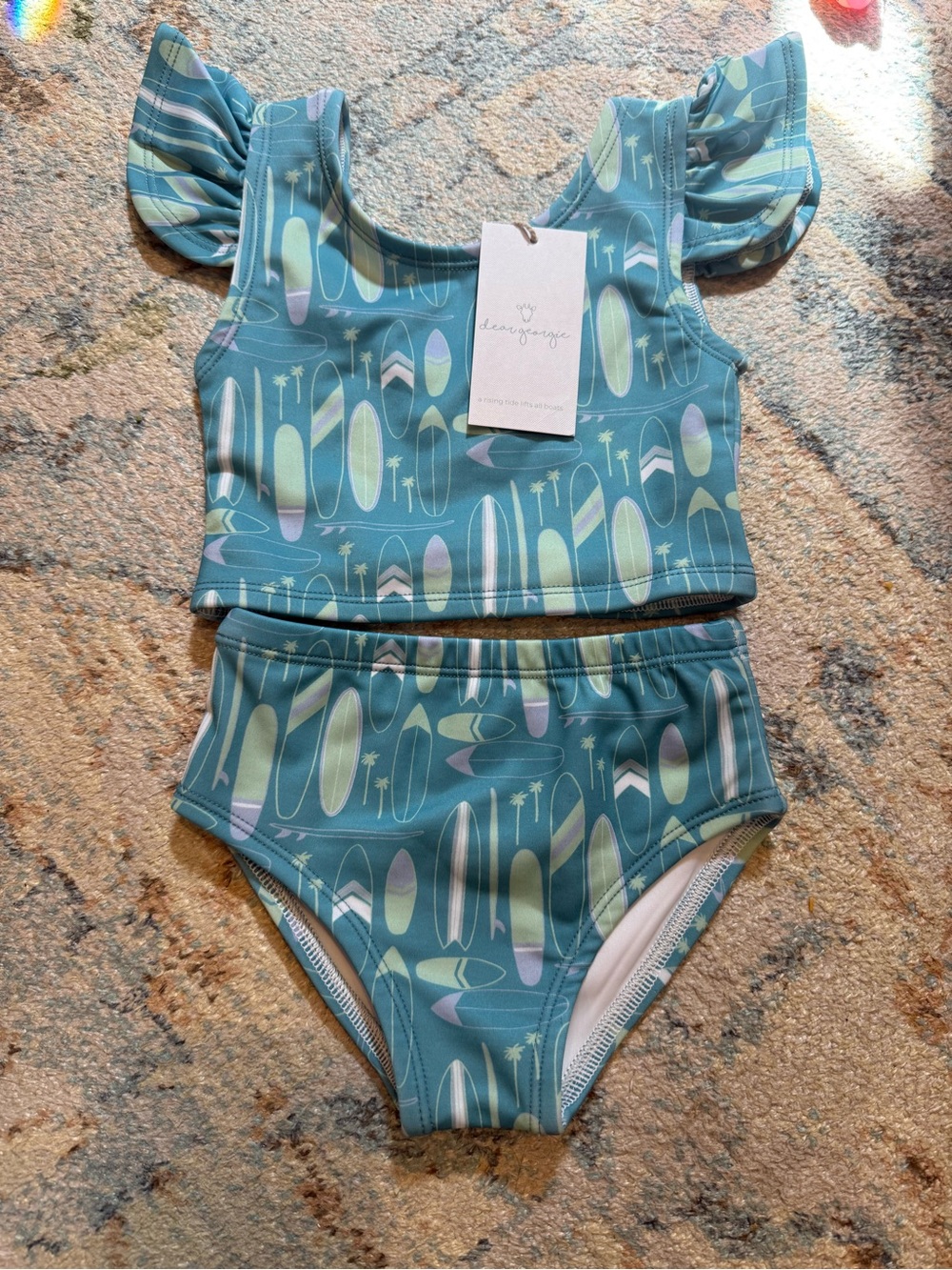 Girls' Teal Surfboard Print Two-Piece Swim Set by